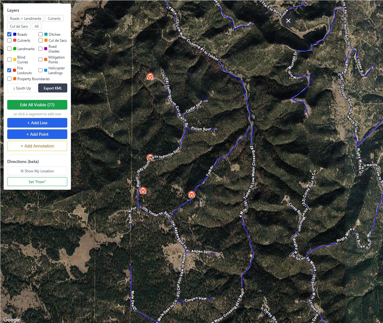 GROOM road management — satellite map showing fire lookout tower locations for wildfire emergency response